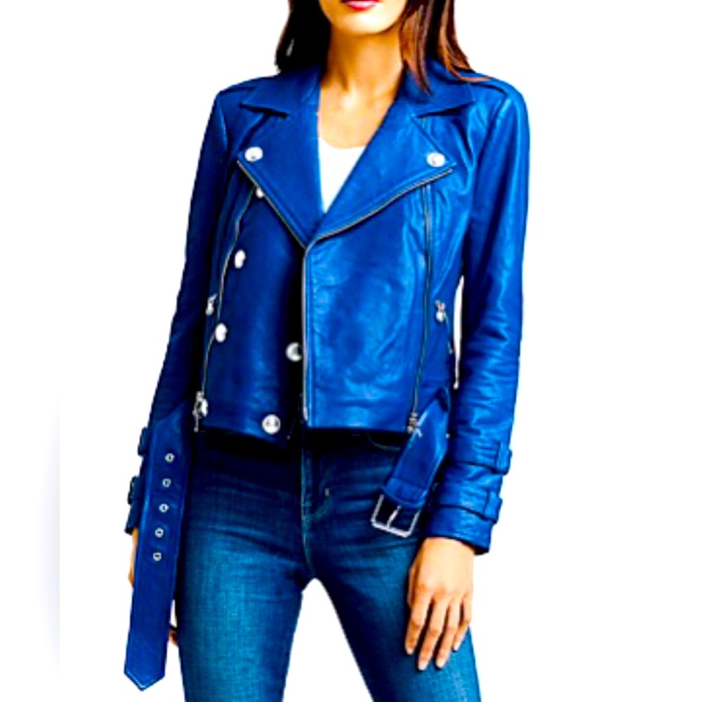 $1495 L'Agence Electric Blue Billie Belted Lambskin Leather Moto Jacket Size XS